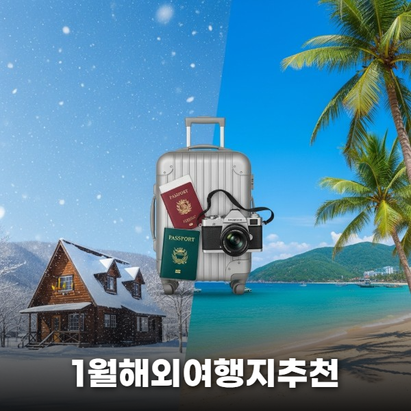 왼쪽에는 눈 덮인 삿포로의 겨울 풍경, 오른쪽에는 따뜻한 나트랑 해변이 대비되어 있는 1월 해외여행지 추천 대표 이미지