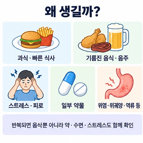 과식 빠른 식사 기름진 음식 음주 스트레스 약물 위염 역류 등 위장장애 원인을 정리한 인포그래픽