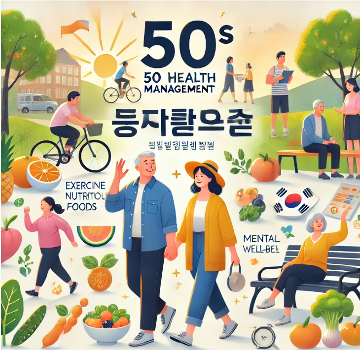 50대 이후의 건강관리를 위해 운동, 식품, 휴식을 취하고 있는 모습