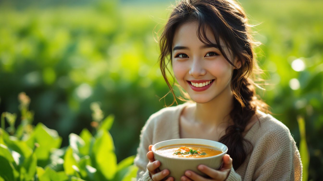 밝게 웃으며 따뜻한 수프를 들고 있는 한국 여성, 초록 들판 배경의 자연 속 힐링 장면
