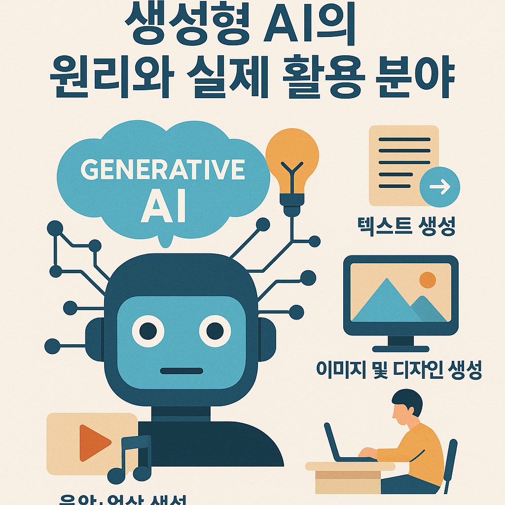 생성형 AI의 원리와 실제 활용 분야를 설명하는 인포그래픽 이미지