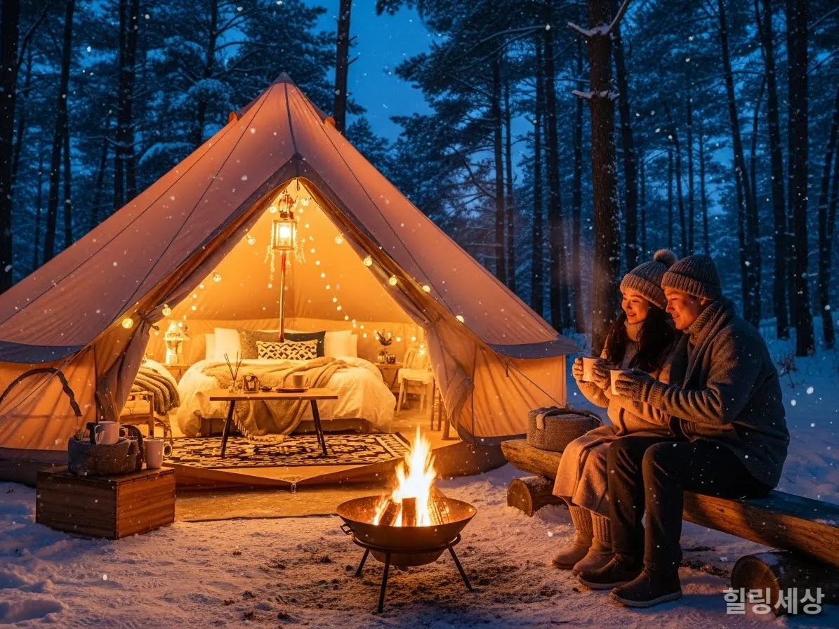 겨울 숲 속 따뜻한 불멍을 즐기는 한국 글램핑 텐트