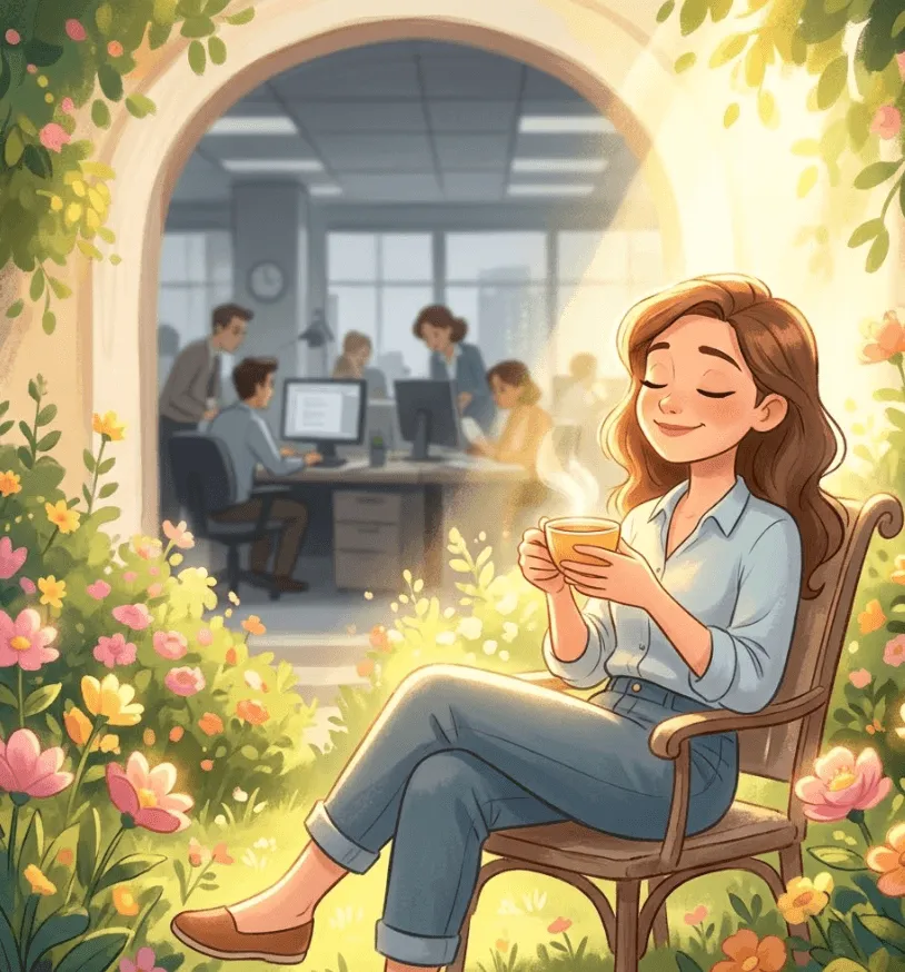 근로계약서 필수 기재 사항: 2D 애니메이션 스타일로, 따뜻한 햇살이 가득한 정원에서 한 인물이 온전히 이완된 상태로 차를 마시는 모습입니다. 주변에는 다채로운 꽃들이 만개해 있고 햇살이 쏟아지는 하이키 톤입니다. 아치형 창문 너머로 보이는 약간 어둑한 사무실에서 사람들이 컴퓨터 앞에서 일하는 모습과 대조를 이룹니다. 근로계약서상 사용자의 지휘·감독에서 완전히 벗어난 '진정한 휴게시간'을 시각화한 힐링 일러스트입니다.