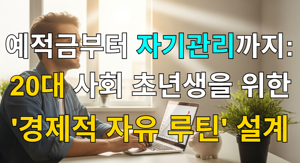 노트북과 돼지 저금통이 놓인 책상에 앉아 밝은 미래를 상징하는 창밖을 보며 미소 짓는 20대 사회초년생의 모습