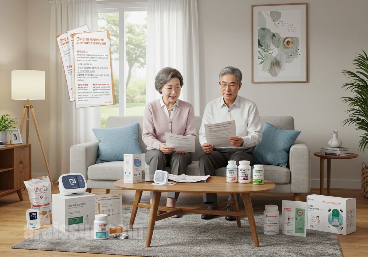 50대 부모님이 건강기기와 건강기능식품에 대한 세금 인센티브를 확인하며 논의하는 장면, 효도상품의 경제적 가치