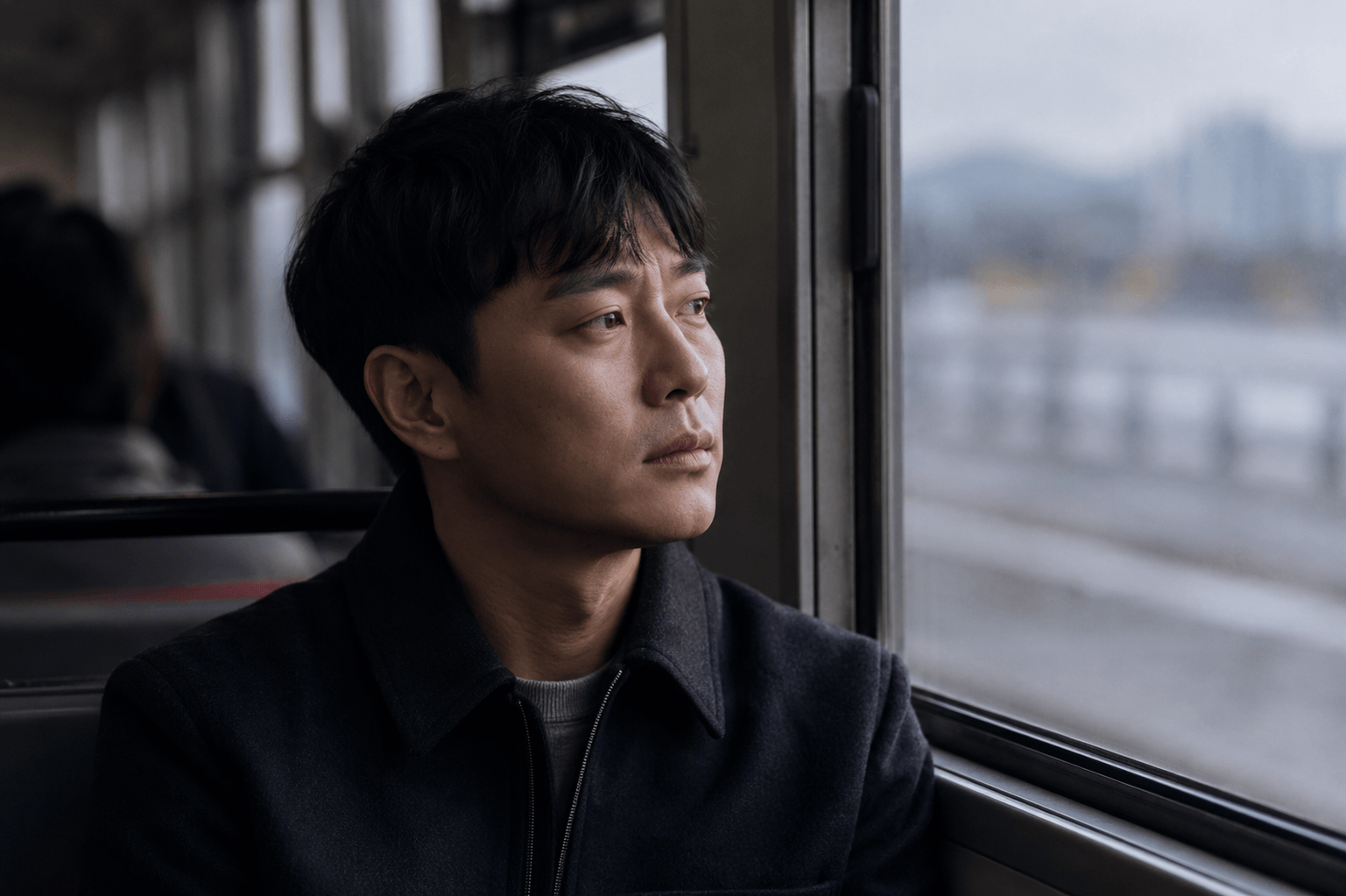 버스 창가에 홀로 앉은 30대 한국인 남성이 눈물을 참으며 창밖을 바라보는 모습. 흐린 자연광과 차분한 라벤더 톤이 감정 소진과 우울한 심리를 표현