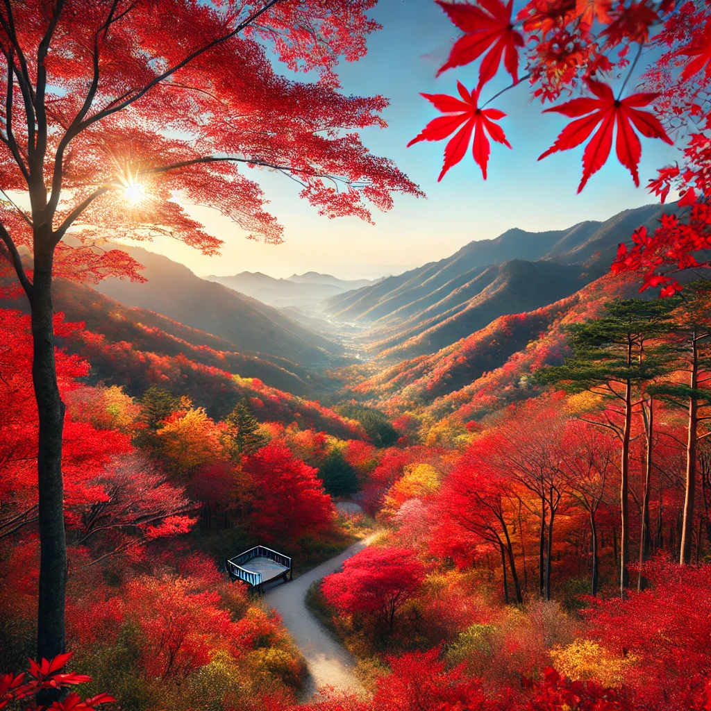 영남알프스에서 가을 단풍이 절경을 이루는 산과 나무, 푸른 하늘이 어우러진 평화로운 풍경.