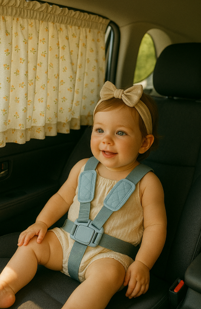 차량용 커튼을 설치하고 앉아있는 아기 모습