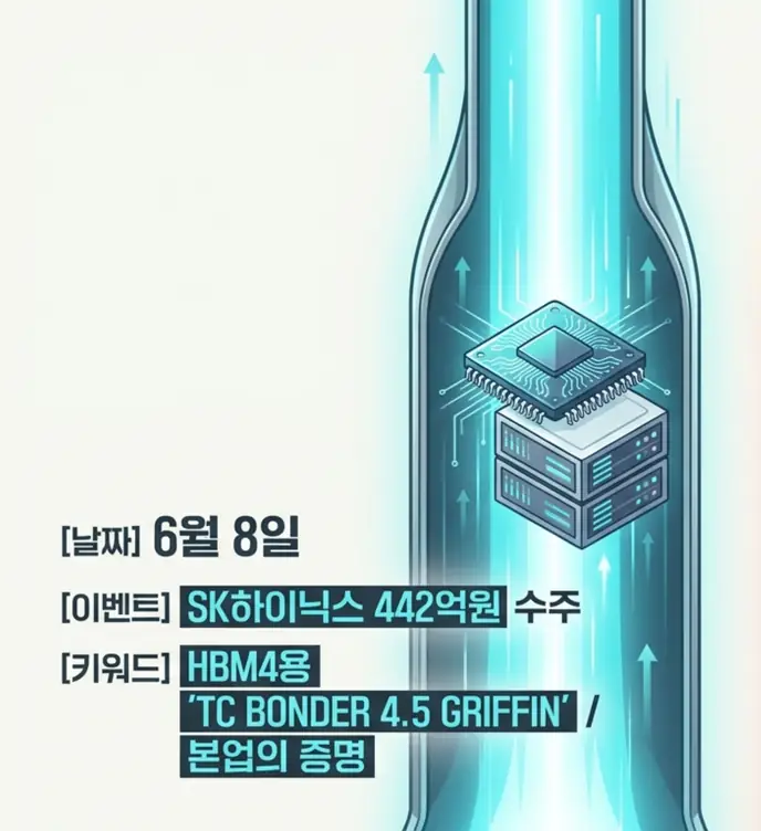 한미반도체 주가 전망: 한미반도체가 6월 8일 SK하이닉스로부터 HBM4용 TC BONDER 4.5 GRIFFIN 장비 442억원을 수주한 사실을 정리한 이미지. 본업 경쟁력이 확정 수주로 증명됐음을 시각적으로 전달하며&amp;#44; 한미반도체 주가 전망의 검증된 동력을 설명함