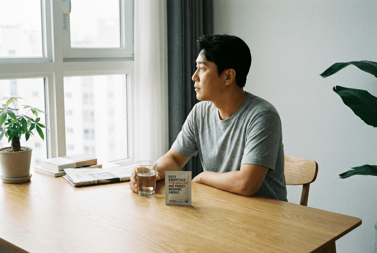 40대 남성의 아침 루틴 장면. 물 한 잔과 건강식품 1포가 놓인 깨끗한 테이블.