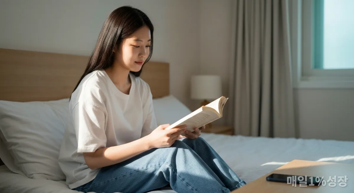 침대에 앉아 스마트폰 대신 책을 읽는 젊은 한국 여성
