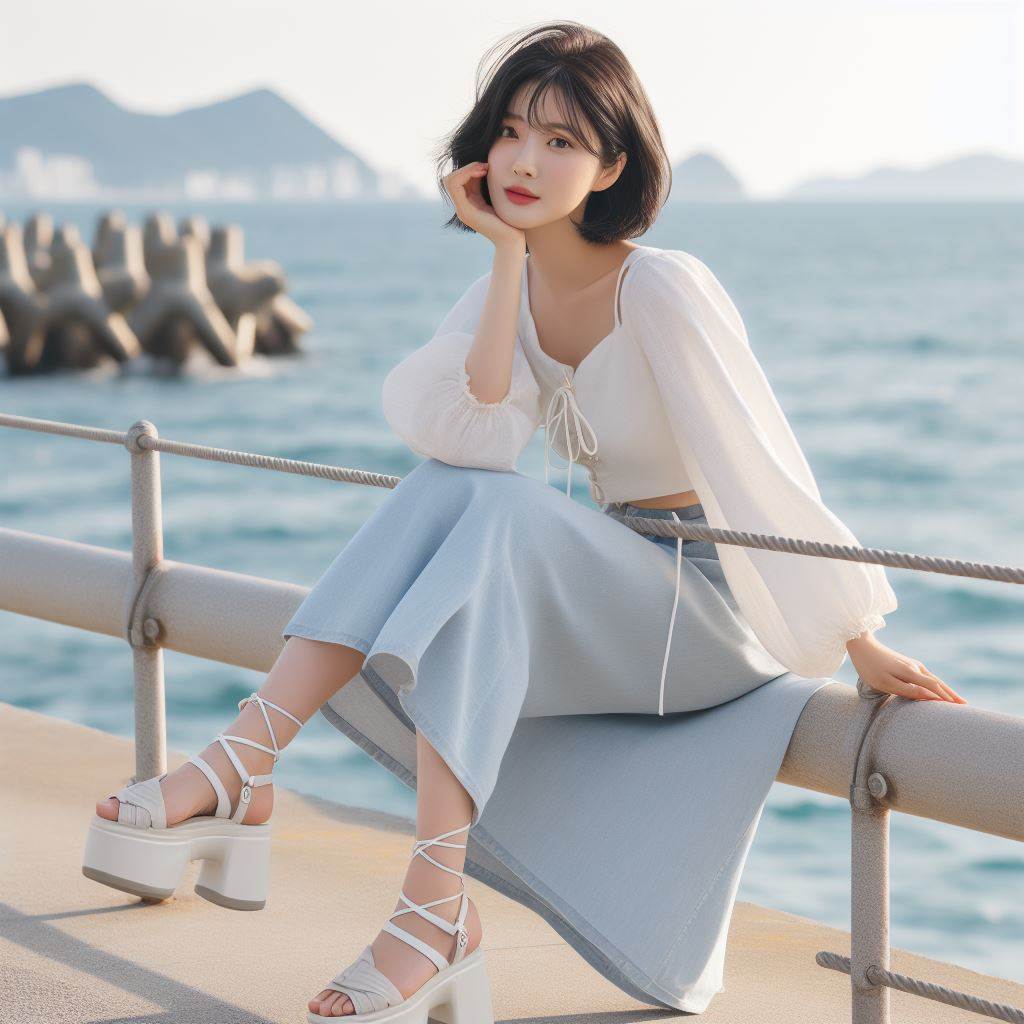 굽이 높고 스트랩이 가는 흰색 샌달을 신고, 길이는 7부인 H라인 진 재질의 하늘색 롱스커트를 입고, 흰색의 헐렁한 반팔 블라우스를 입고 단발머리 흑발의 예쁜 40대 한국 주부가 방파제 테트라 포드 위에 서 있는 모습