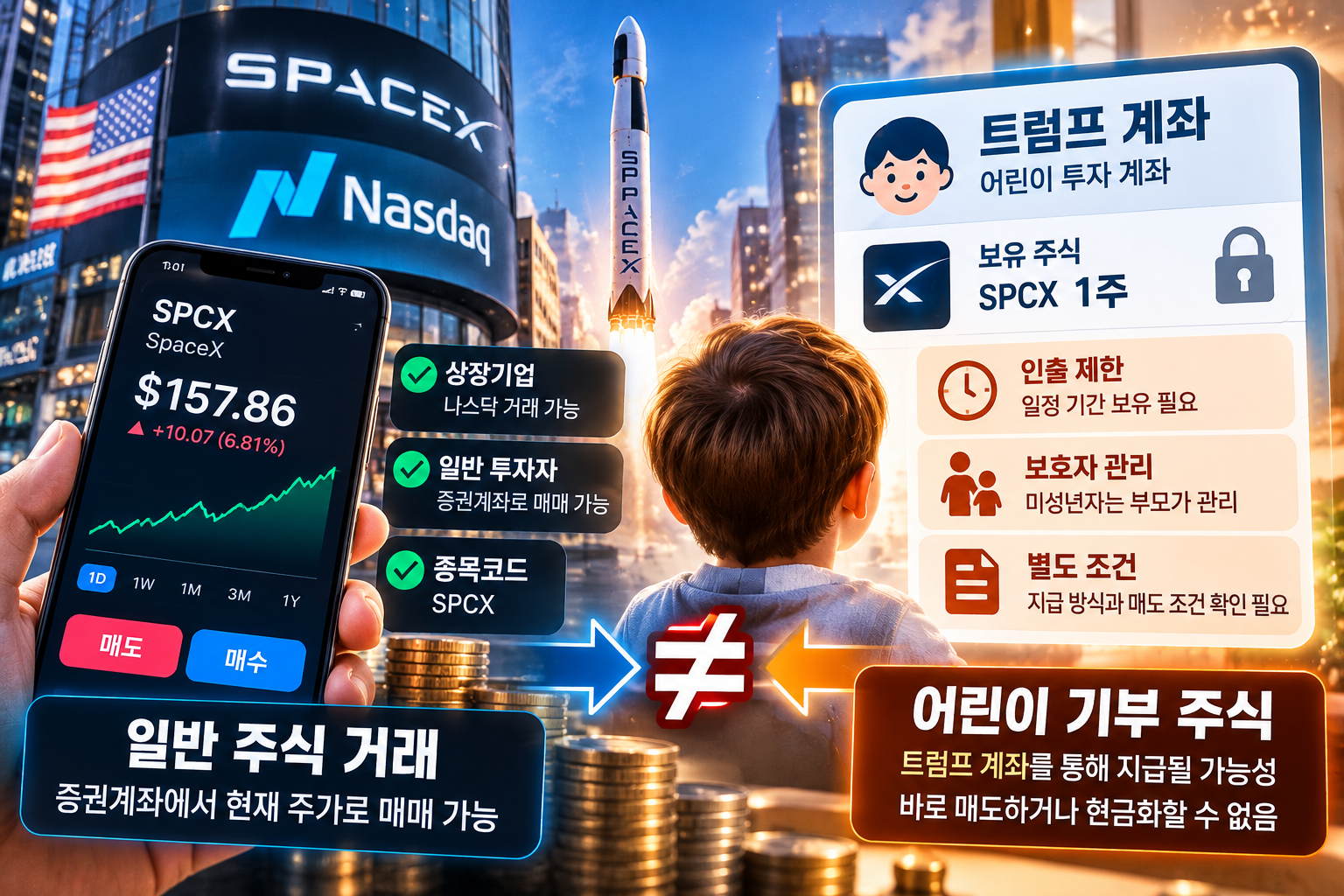 스페이스X 나스닥 상장주식 일반 거래와 미국 어린이 트럼프 계좌를 통한 기부 주식의 매도 및 인출 조건 비교