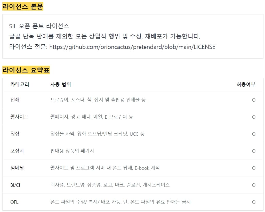 프린텐다드 폰트 라이센스 허용범위