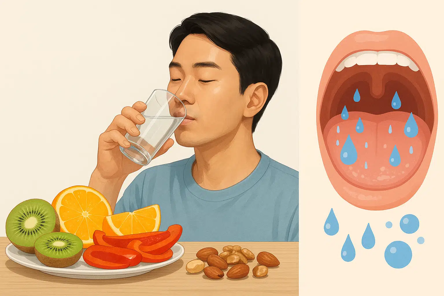 비타민 C가 풍부한 음식(키위, 오렌지, 파프리카 등)과 견과류, 물을 마시는 사람, 구강 내 건조 예방과 침 분비