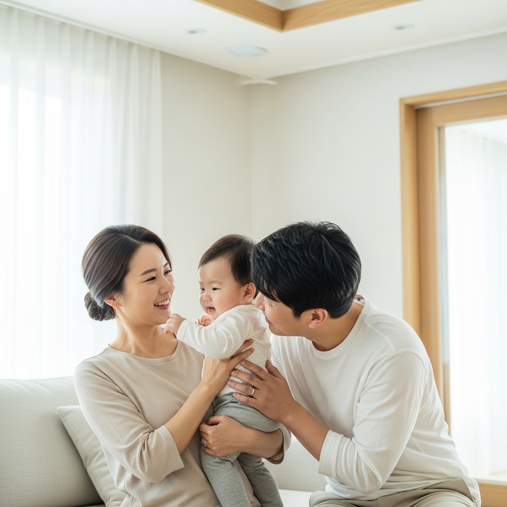 행복한 표정의 부모가 아기와 함께 웃고 있는 모습, 육아휴직 급여로 얻는 경제적 안정감을 상징.