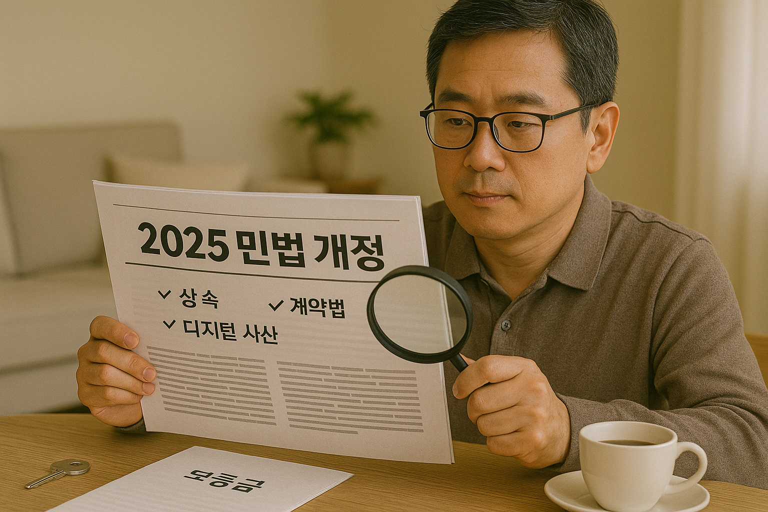 2025년 민법 개정 내용을 확인하며 상속, 계약, 디지털 자산 관련 변화에 주목하는 시민의 모습