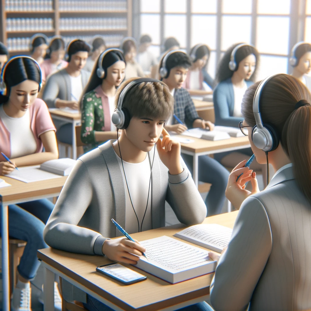 교실에서 토익 리스닝 연습을 하는 학생들