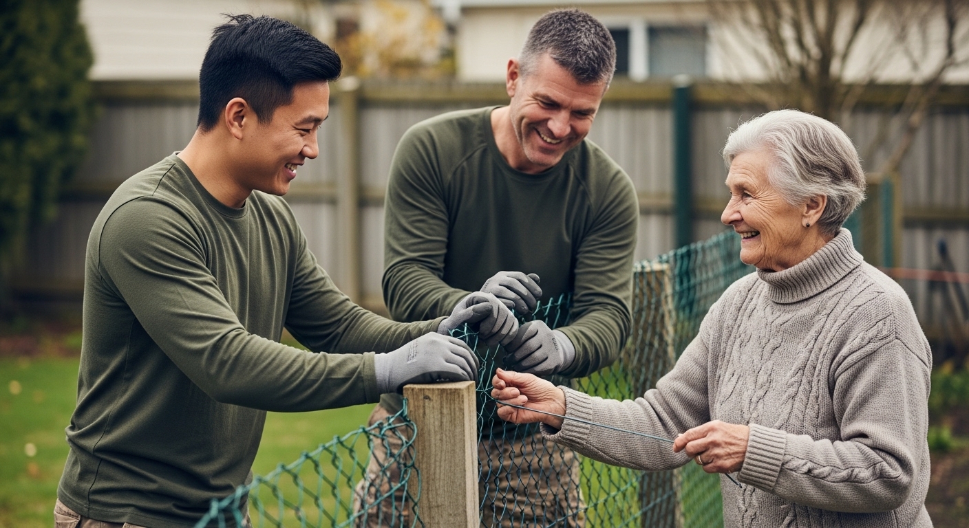 UDT 출신 대원 두 명이 지역 어르신의 낡은 울타리를 함께 수리하며 돕는 모습.