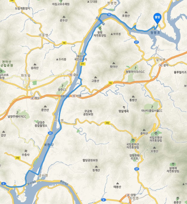 북한강변 도로 드라이브 코스 지도 캡처 사진