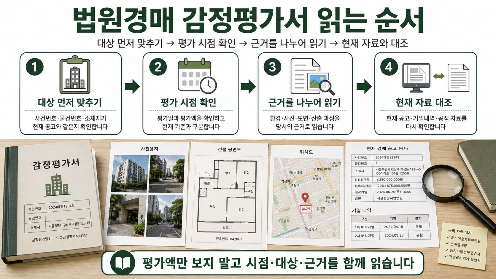 법원경매 감정평가서의 대상 확인, 평가 시점 확인, 근거 검토, 현재 자료 대조 순서