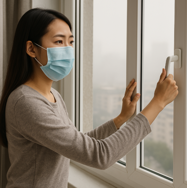 미세먼지 나쁨 상황에서 마스크를 쓰고 환기를 시키는 모습
