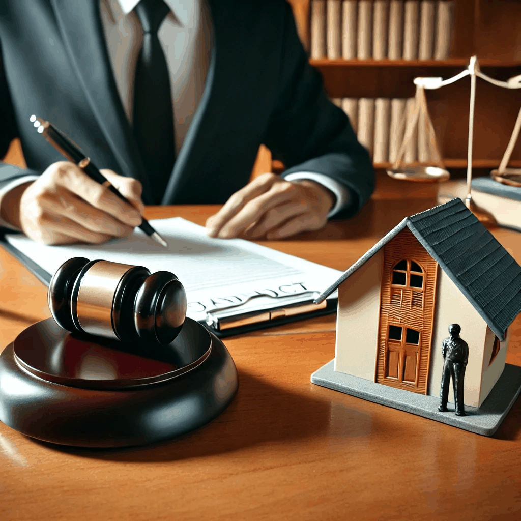 법률 문서, 판사의 망치, 소형 주택 모형과 계약 서명을 통해 소유권과 법적 보호의 개념을 시각적으로 표현한 이미지