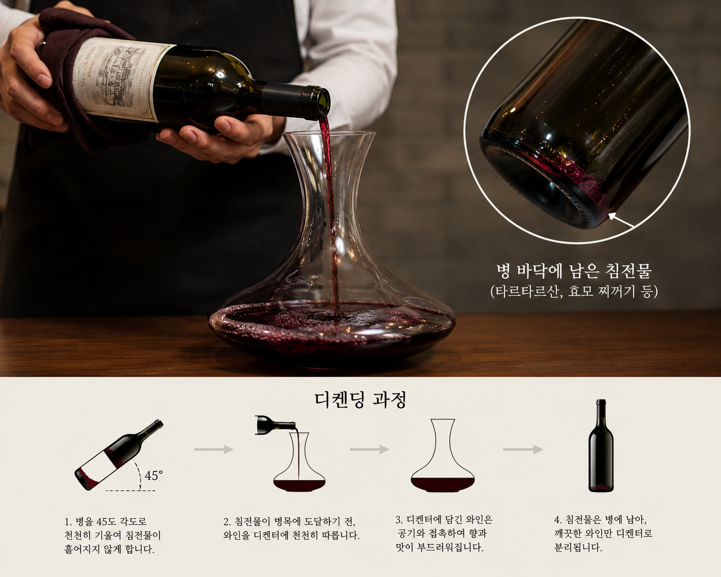 레드 와인 디켄팅 하는 과정을 설명하는 이미지