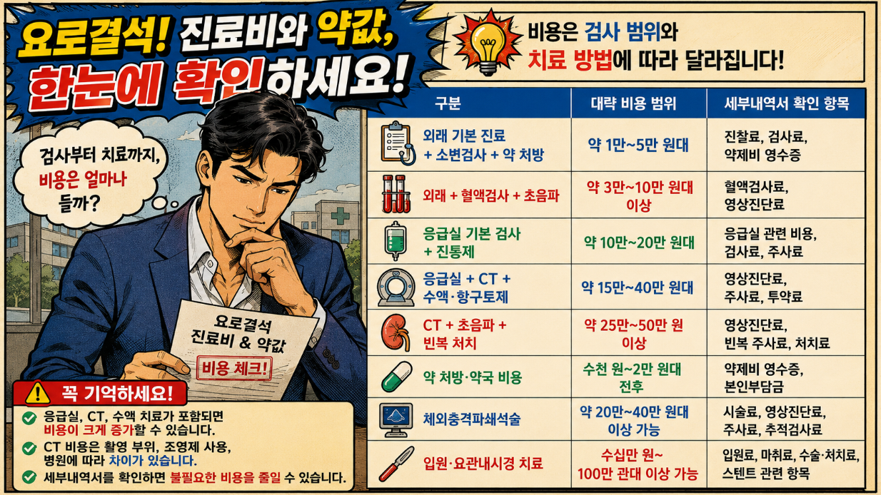 댄디한 남성 주인공이 요로결석 진료비와 약값, 응급실 비용, CT 및 시술 비용 항목을 확인하는 만화형 비용 안내 인포그래픽