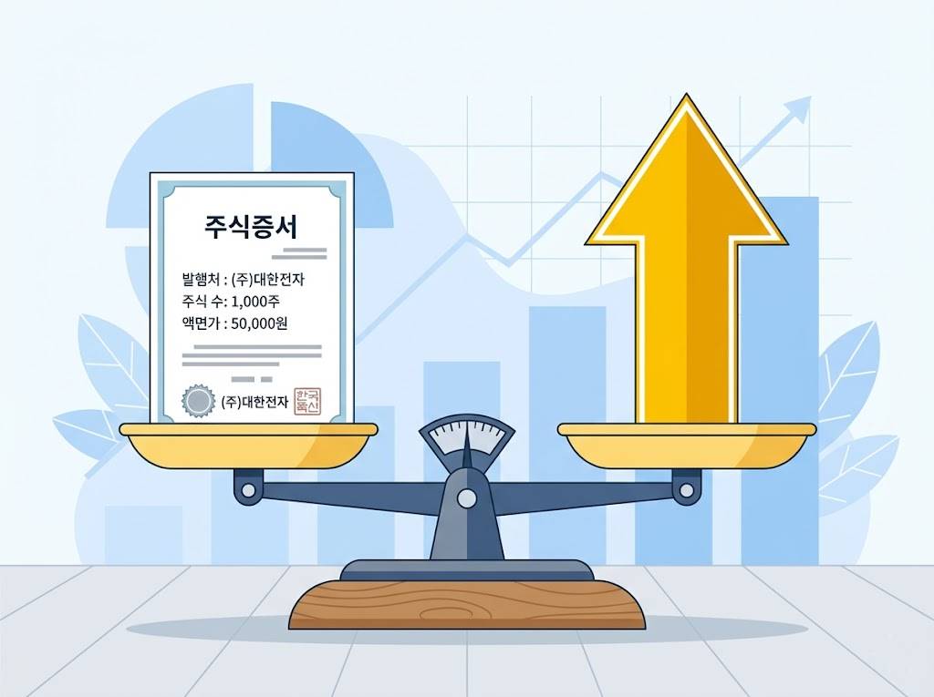 저울의 한쪽에는 주식 증서가 있고 다른 쪽에는 황금색 상승 화살표가 놓인 이미지