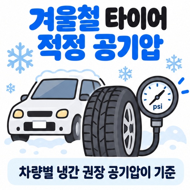 겨울 눈송이 자동차 타이어 공기압 게이지를 중심으로 겨울철 타이어 적정 공기압 문구를 보여주는 대표 카드뉴스 이미지