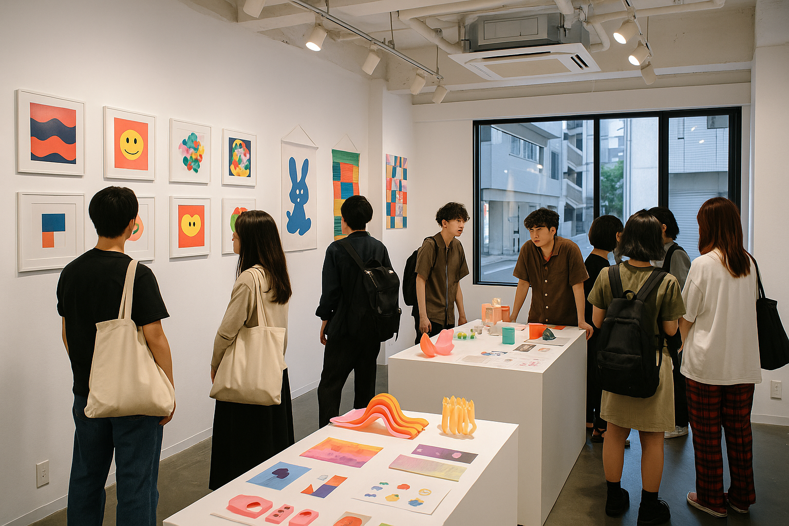 화이트 인테리어 갤러리 공간에서 여러 명의 젊은 관람객이 그래픽 아트와 입체 작품을 살펴보는 장면, 대화와 교류가 활발히 이루어지는 모습.