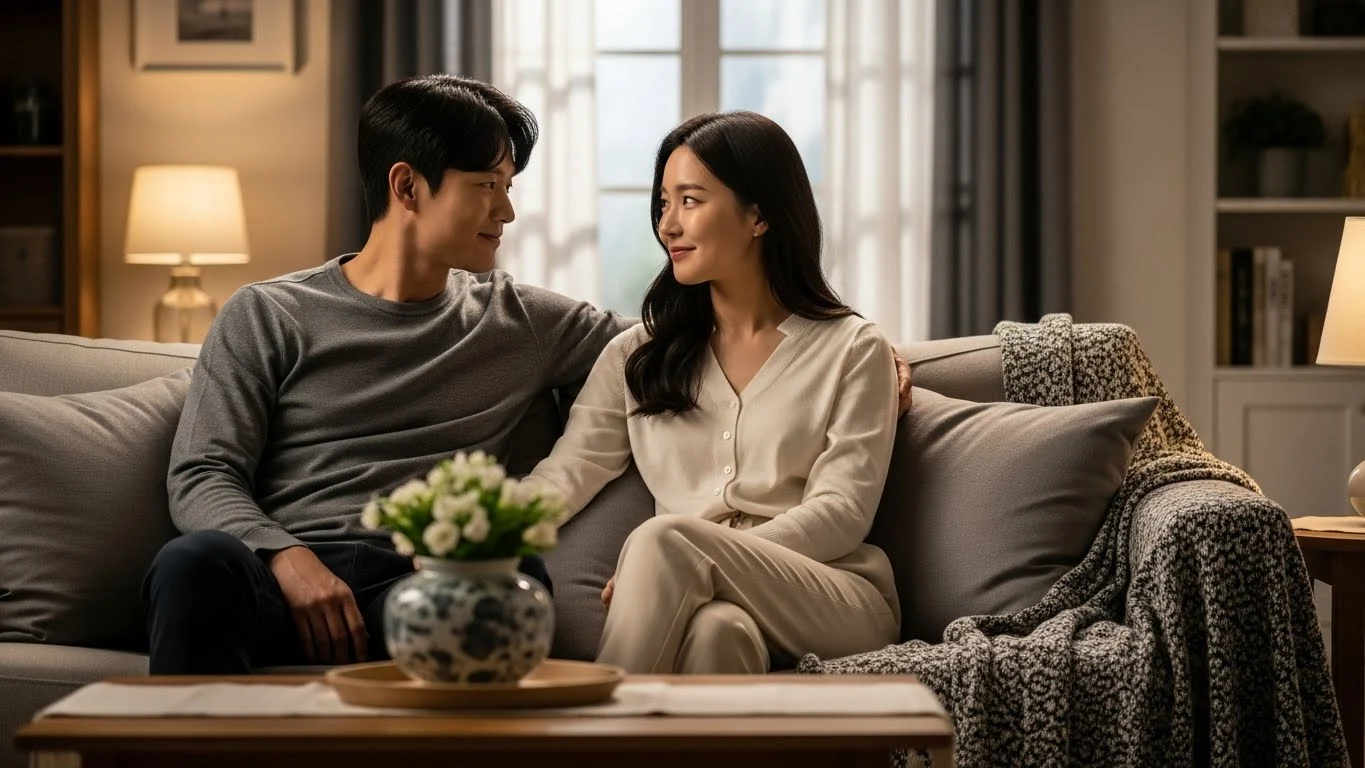 집 거실에서 대화를 나누는 커플 이미지