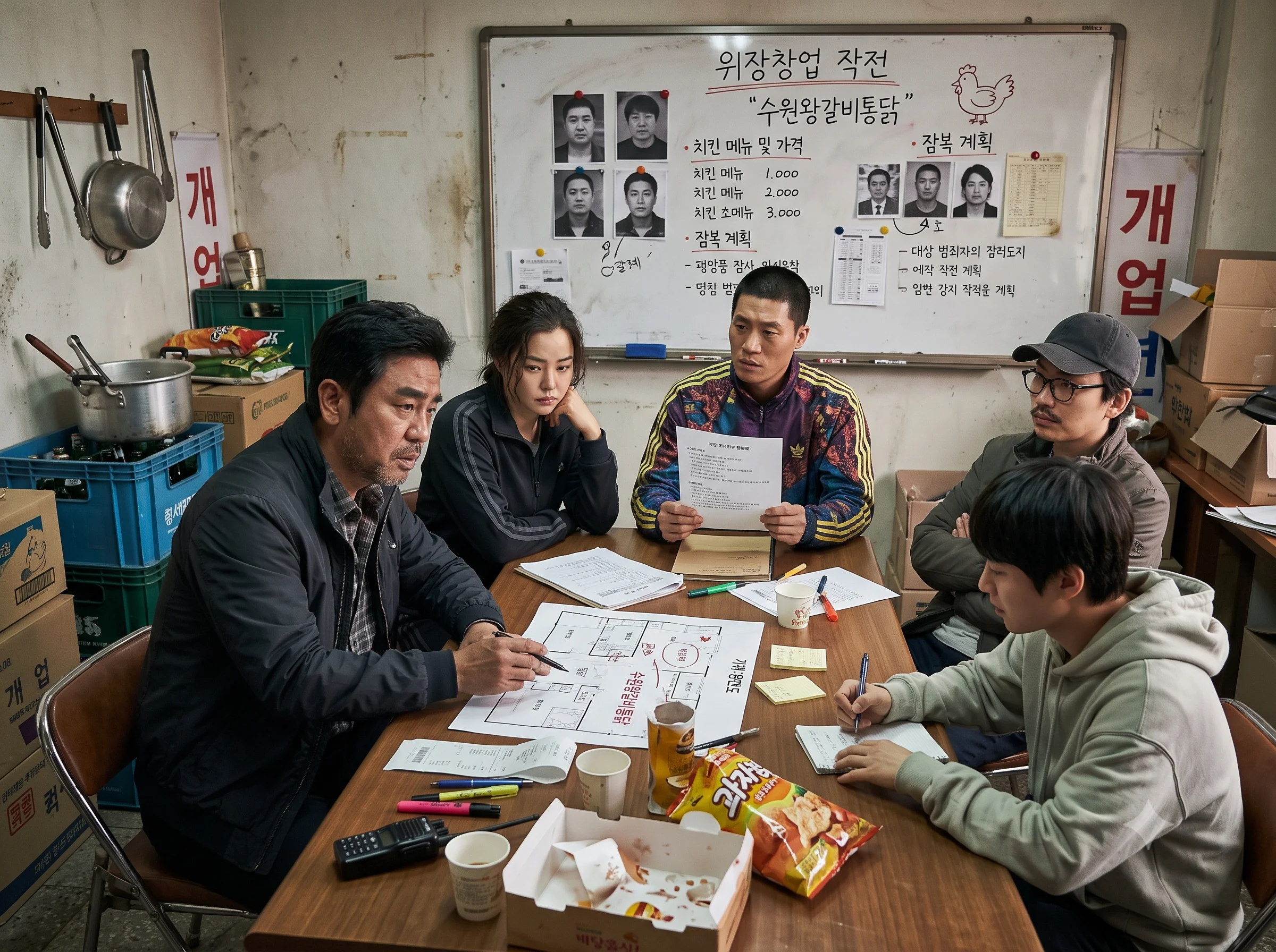 영화 극한직업 마약반 5인방 류승룡 이하늬 진선규 이동휘 공명의 위장 창업 작전 회의 스틸컷