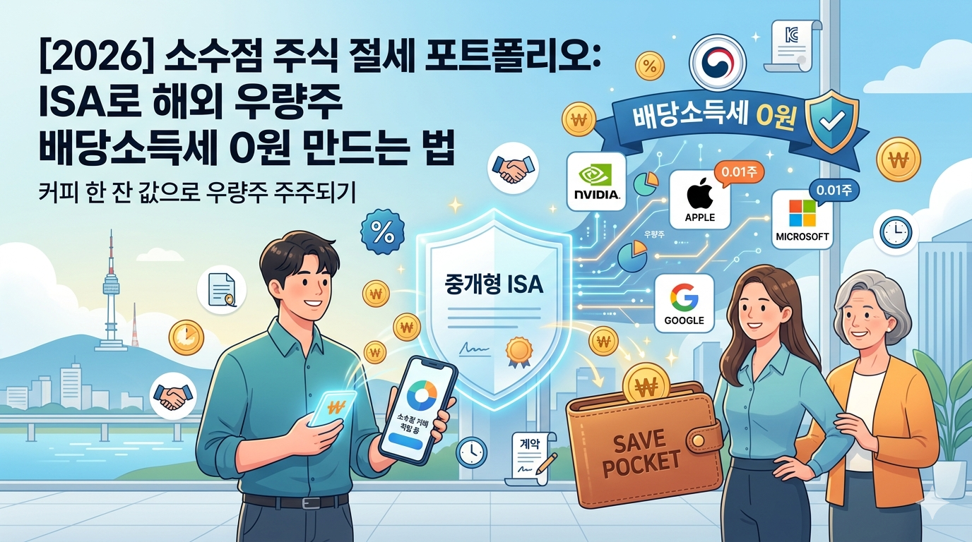 2026년 ISA 계좌 활용 해외 우량주(엔비디아 애플 마이크로소프트 구글) 소수점 주식 거래 및 배당소득세 0원 비과세 혜택 활용 방법 일러스트