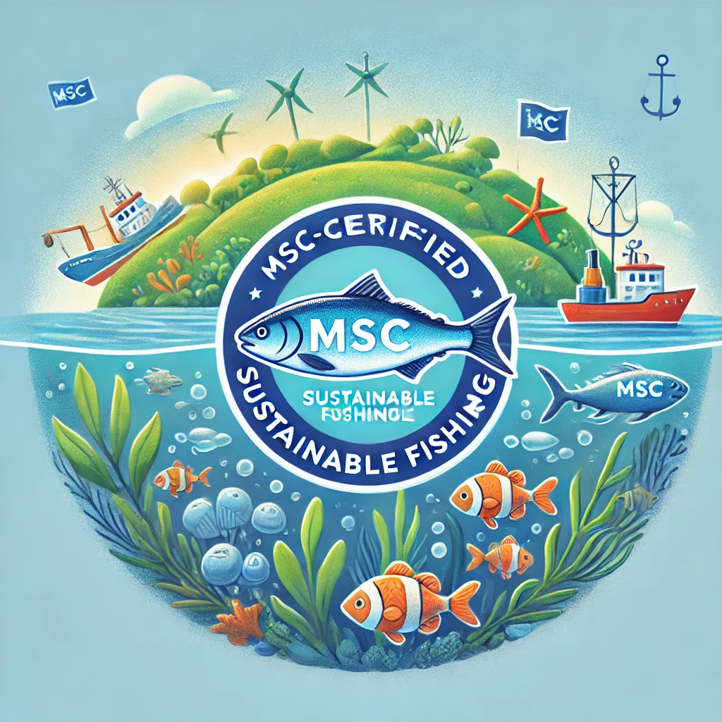 이 이미지는 MSC 인증을 받은 지속 가능한 어업 제품과 소비자의 선택이 해양 보존에 미치는 긍정적인 영향을 강조합니다. 파란색 MSC 라벨이 부착된 제품이 해양 생태계 보호에 기여하는 방식을 나타내며, 깨끗한 바다와 다양한 해양 생물이 어우러져 소비자 선택의 환경적 가치를 상징적으로 보여줍니다.
