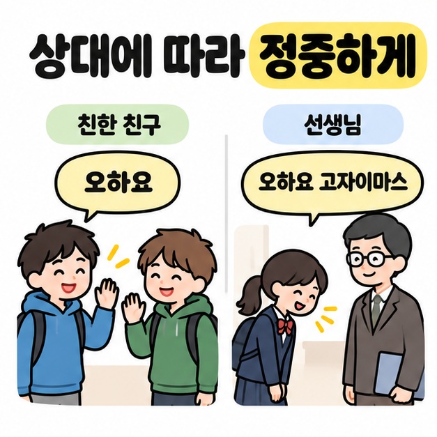 친한 친구에게는 오하요를 쓰고 선생님에게는 오하요 고자이마스를 쓰는 상황을 비교한 이미지