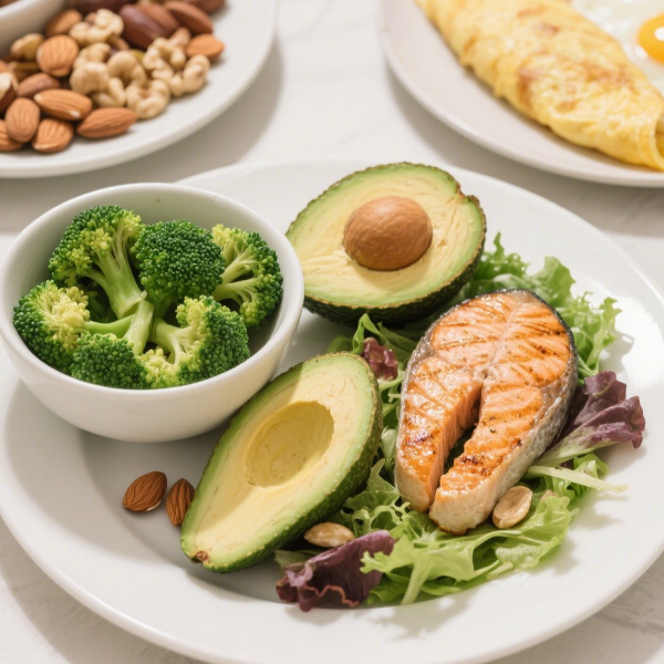 저탄수화물 식재료 견과류, 브로콜리, 아보카도,연어 등으로 차린 식단