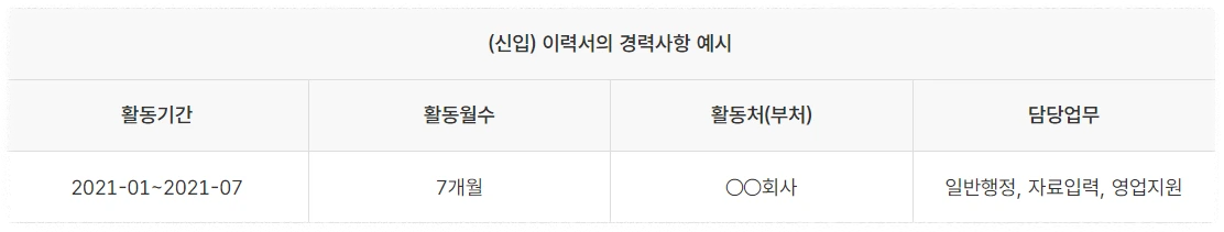 신입 지원자 경력사항 작성 예시