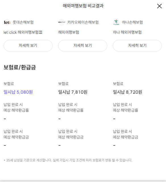 보험비교 결과 화면(보험료/환급금)