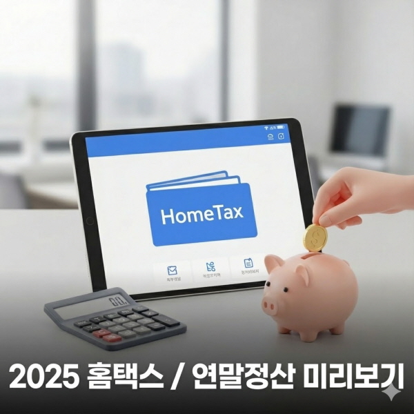 2025 홈택스 연말정산 미리보기 화면이 띄워진 태블릿과 계산기, 돼지 저금통이 놓여 있는 책상 이미지