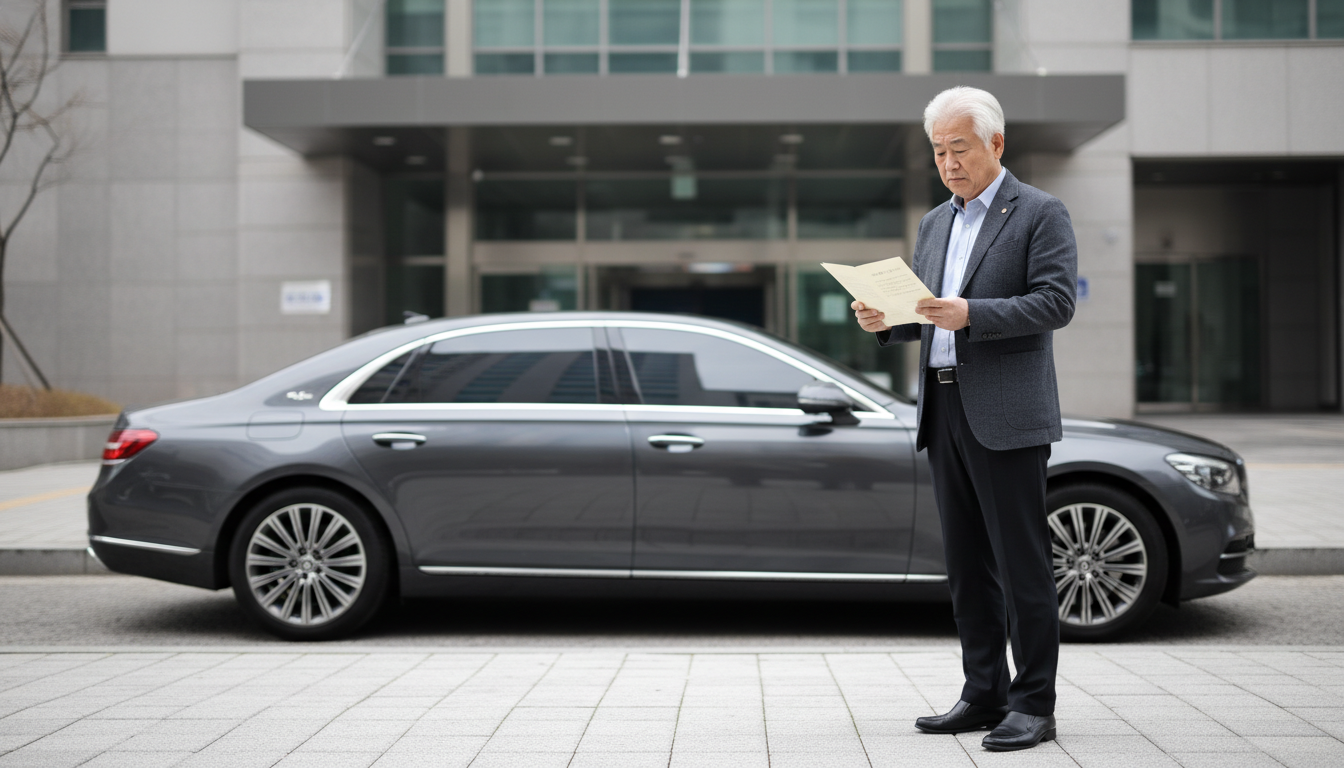 고급 승용차 앞에서 기초연금 자격 여부를 고민하는 한국인 남성 어르신