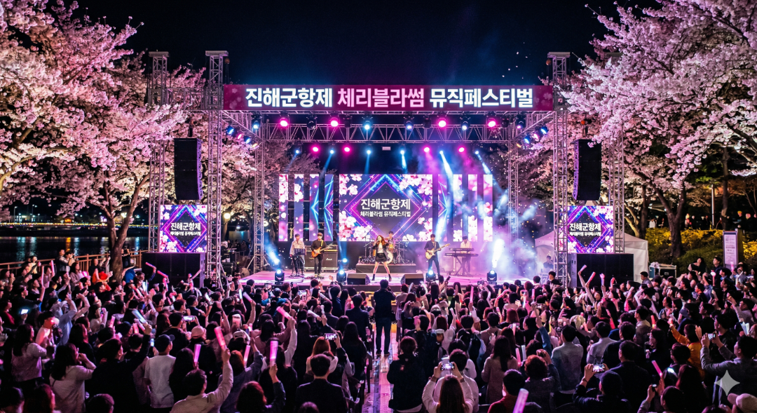 진해군항제 체리블라썸 뮤직페스티벌 야간 무대 공연 모습