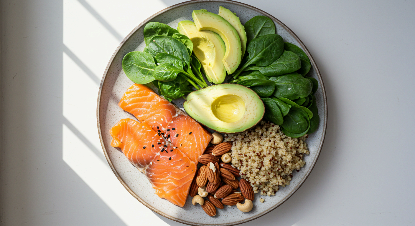 현미밥과 채소 위주 식단이 중성지방 조절에 도움됩니다.