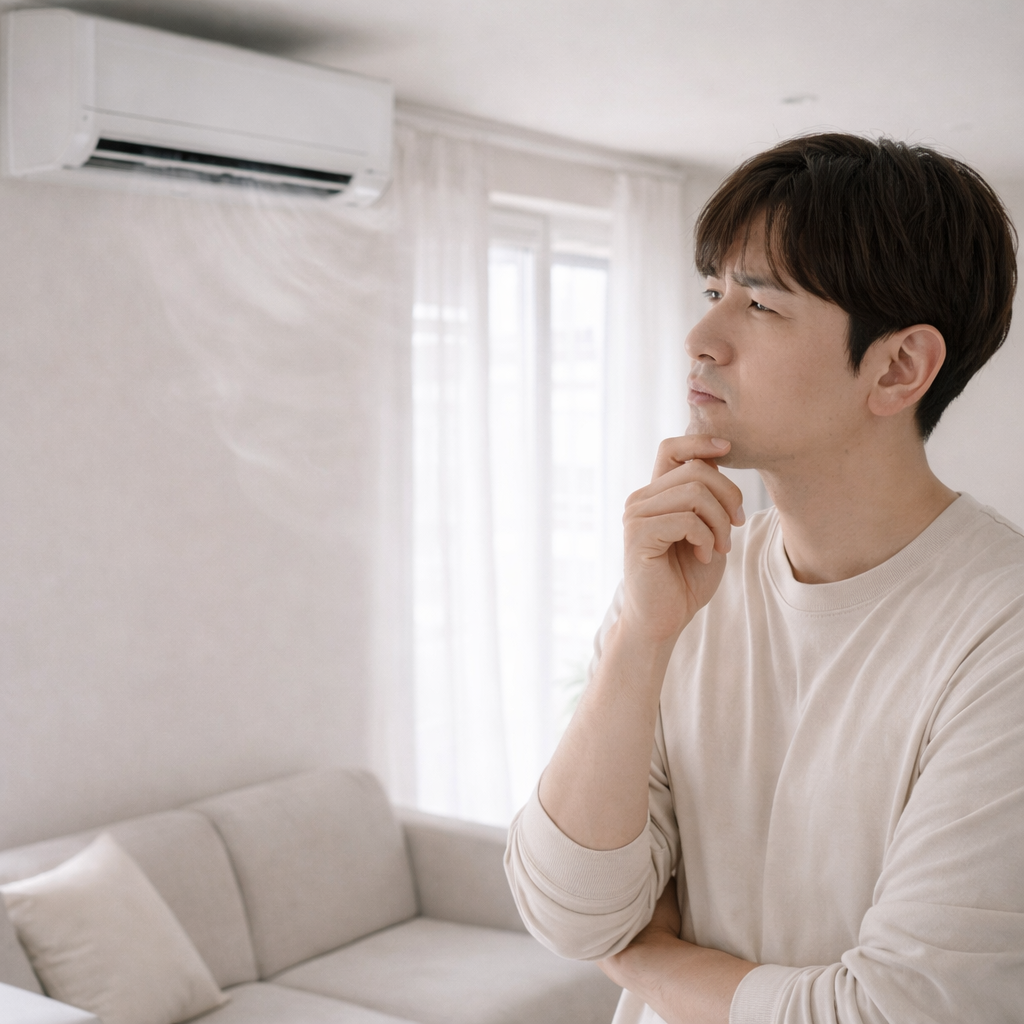 에어컨 냄새 문제로 점검 필요성을 고민하는 장면 
