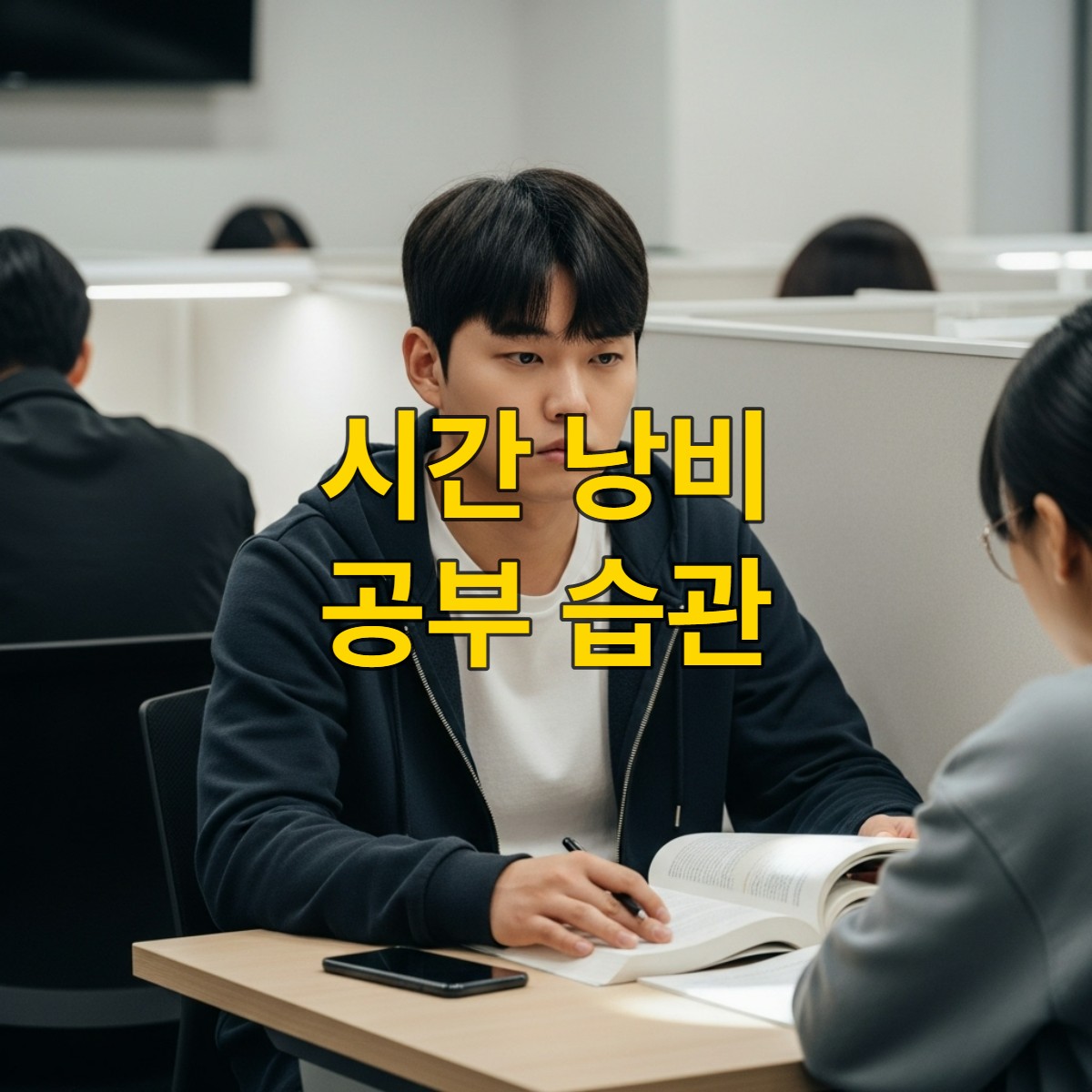 독서실 책상에 앉아 멍하니 천장을 바라보며 공부에 집중하지 못하는 한국인 재수생 남성의 모습. 피곤하고 지쳐 보이는 표정입니다.