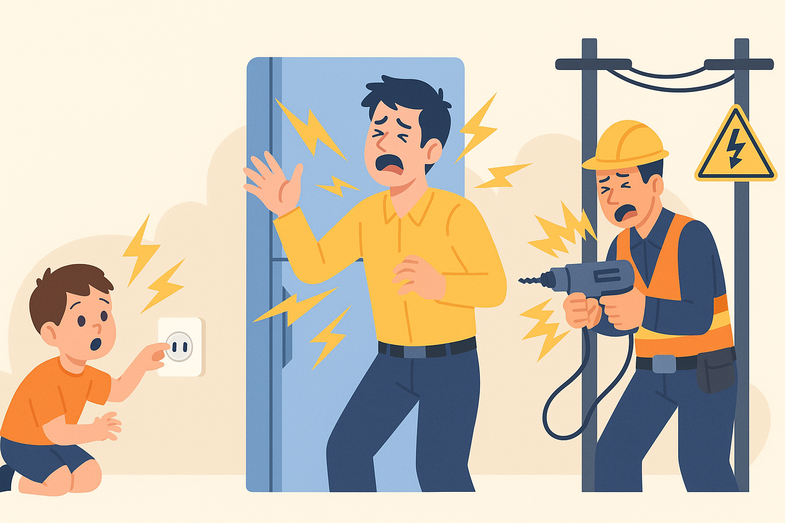 일상 속 감전 사고 위험을 보여주는 일러스트 – 아이, 가전제품 사용자, 건설 현장 작업자가 감전되는 장면