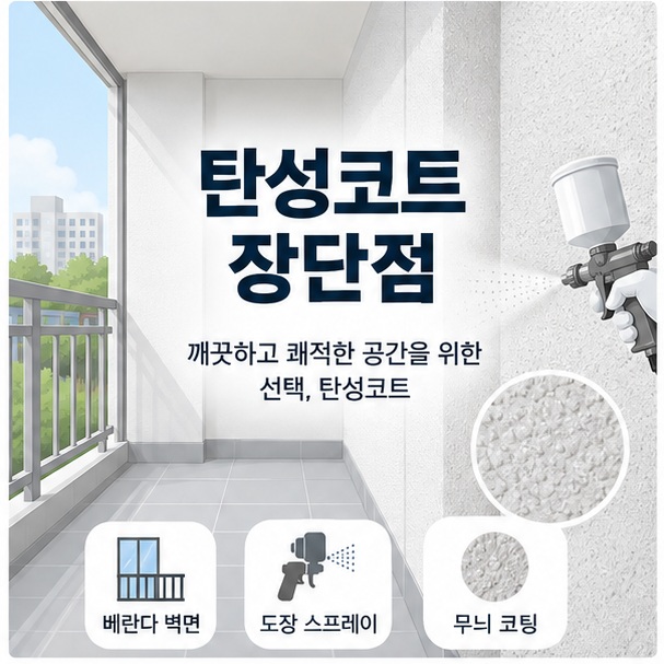 베란다 벽과 롤러 스프레이 아이콘 위에 탄성코트 장단점 문구가 표시된 대표 이미지