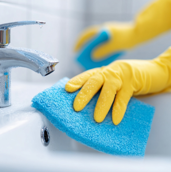 세면대를 청결히 닦는 중