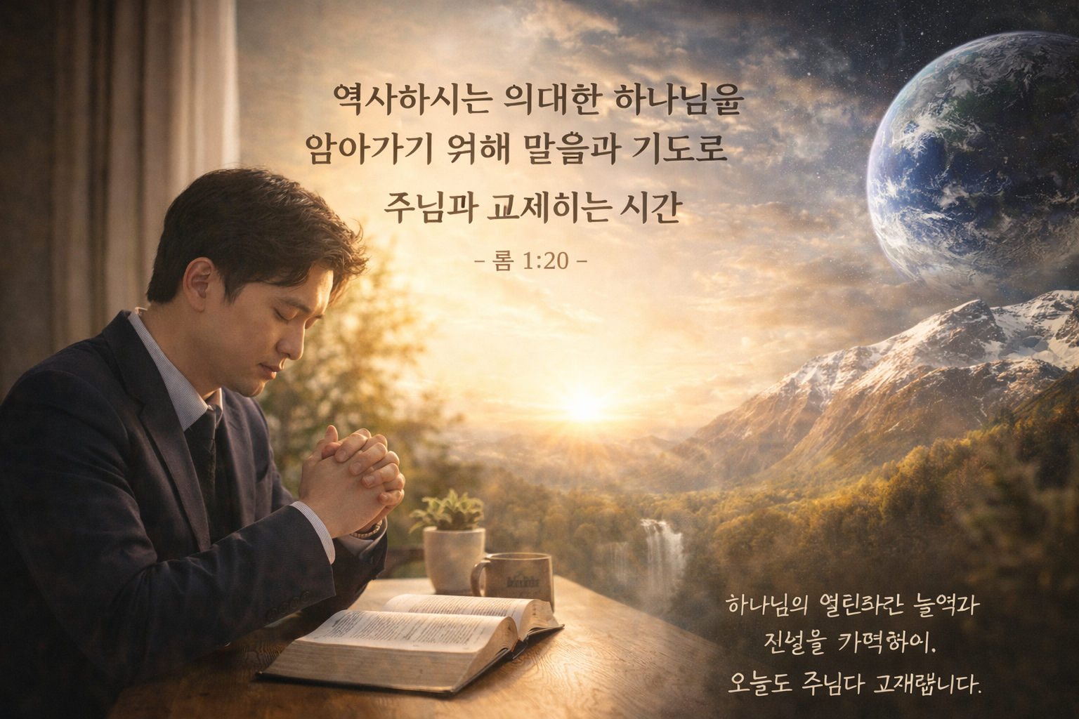 롬 1:20말씀에서 영원하신 능력이 있으신 하나님을 알 수 있게 하신 하나님의 은혜를 기억하며 일상에서 역사하시는 하나님을 알아가기 위해 말씀과 기도로 교제하는 시간을 갖는 모습입니다.